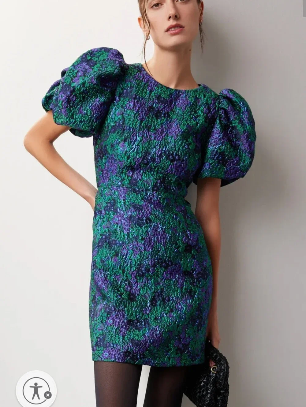 Donna Morgan Textured Puff-Sleeve Mini Dress in Green & Purple. Sz.16 New - Picture 2 of 6